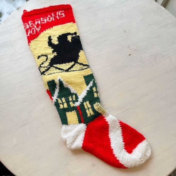 Vintage Knit Christmas Stocking Santa Sleigh Scene Handmade Red Green Yellow - Picture 6 of 7
